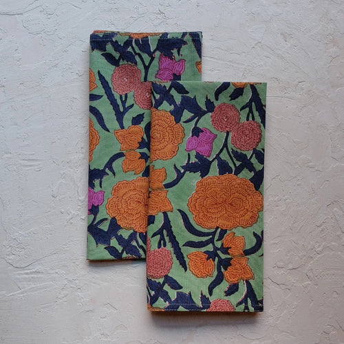 Hand block printed napkin set. Floral print sage