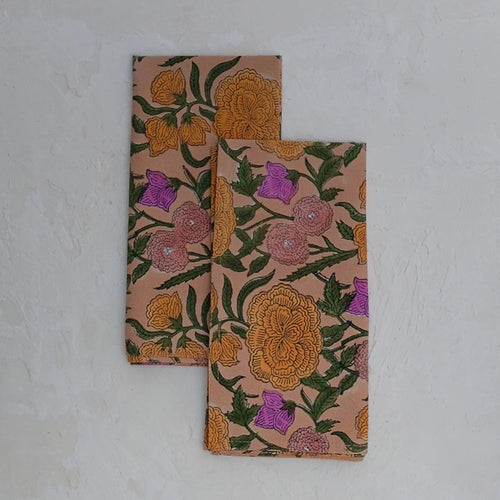 Hand block printed napkin set. Floral print rose